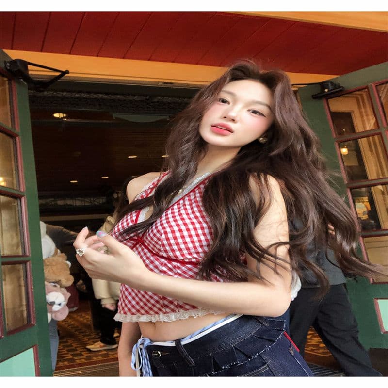 빨간색 작은 대중 체크무늬 조끼 슬립 여성 여름 패치워크 레이스 인사이드 가져 가라. 섹시함 행침 목 핫걸 맨위 상세 이미지 11