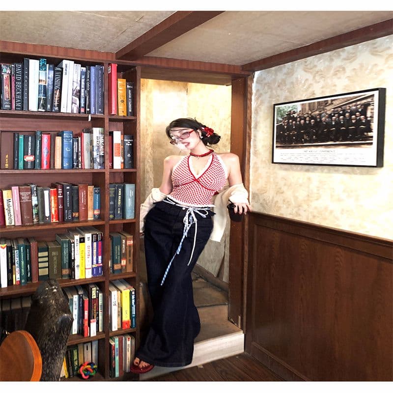 빨간색 작은 대중 체크무늬 조끼 슬립 여성 여름 패치워크 레이스 인사이드 가져 가라. 섹시함 행침 목 핫걸 맨위 상세 이미지 19