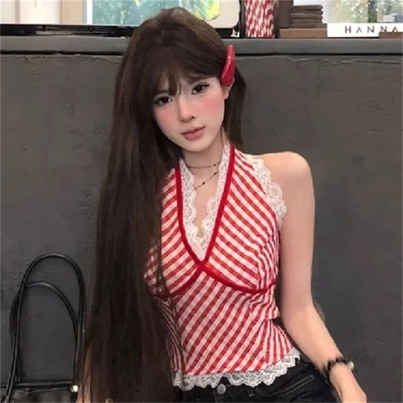 빨간색 작은 대중 체크무늬 조끼 슬립 여성 여름 패치워크 레이스 인사이드 가져 가라. 섹시함 행침 목 핫걸 맨위 상세 이미지 22