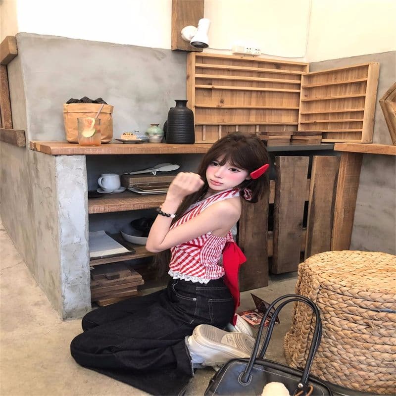빨간색 작은 대중 체크무늬 조끼 슬립 여성 여름 패치워크 레이스 인사이드 가져 가라. 섹시함 행침 목 핫걸 맨위 상세 이미지 24