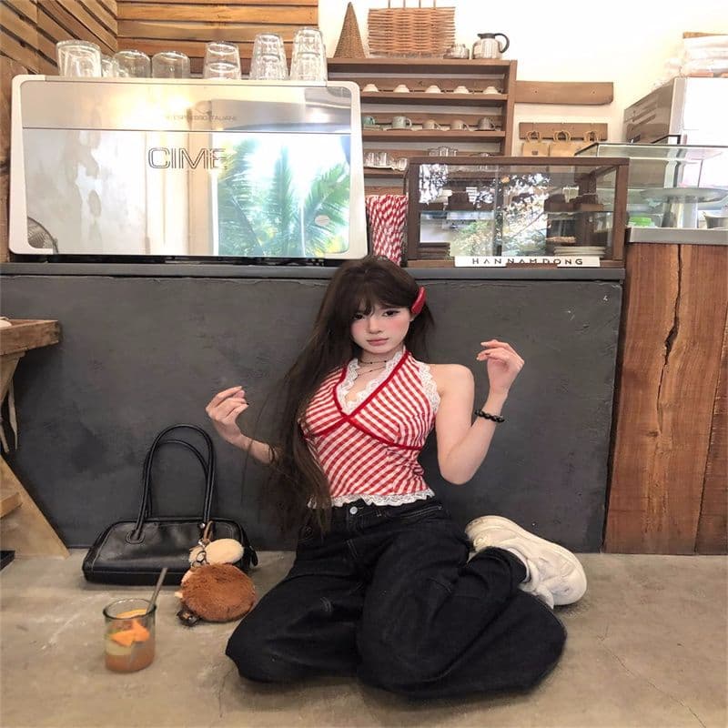 빨간색 작은 대중 체크무늬 조끼 슬립 여성 여름 패치워크 레이스 인사이드 가져 가라. 섹시함 행침 목 핫걸 맨위 상세 이미지 26