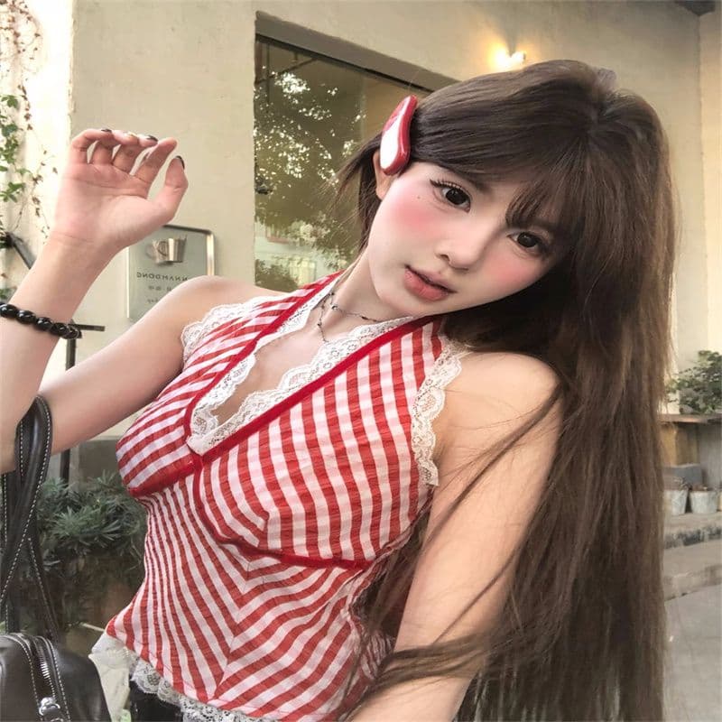 빨간색 작은 대중 체크무늬 조끼 슬립 여성 여름 패치워크 레이스 인사이드 가져 가라. 섹시함 행침 목 핫걸 맨위 상세 이미지 28