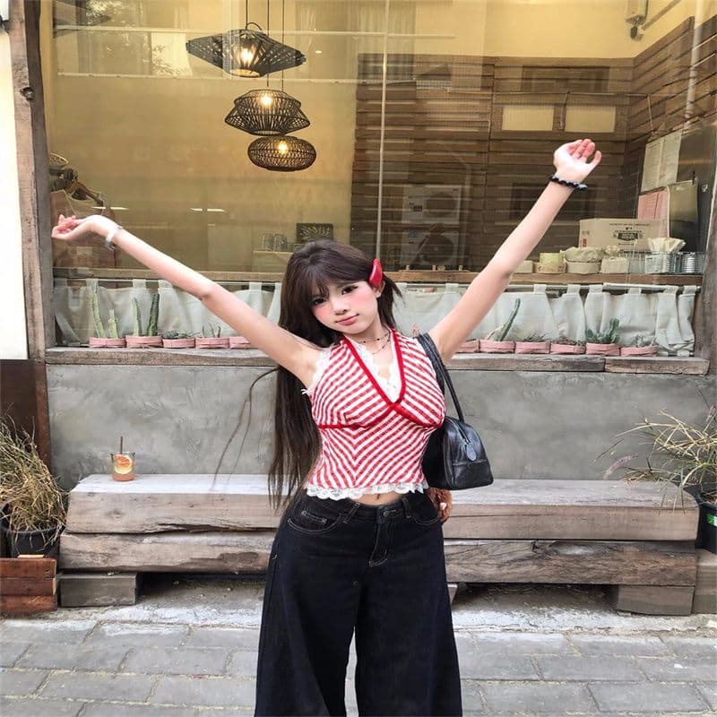 빨간색 작은 대중 체크무늬 조끼 슬립 여성 여름 패치워크 레이스 인사이드 가져 가라. 섹시함 행침 목 핫걸 맨위 상세 이미지 30