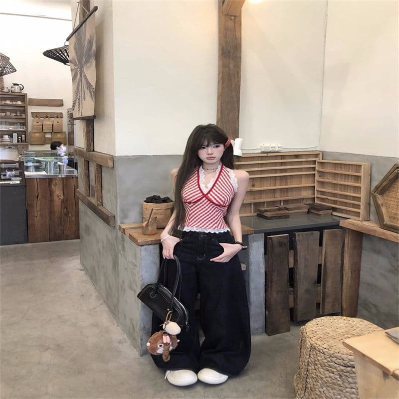 빨간색 작은 대중 체크무늬 조끼 슬립 여성 여름 패치워크 레이스 인사이드 가져 가라. 섹시함 행침 목 핫걸 맨위 상세 이미지 34