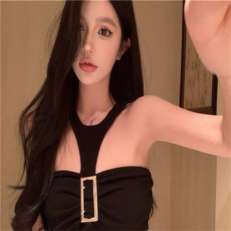 쇼트 스타일 금속 버클 섹시함 핫걸 행침 목 조끼 여성 의류 봄 여름 허리 수축 타이트 인사이드 가져 가라. 기본 셔츠 품격 맨위 상세 이미지 1