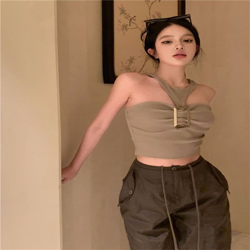 쇼트 스타일 금속 버클 섹시함 핫걸 행침 목 조끼 여성 의류 봄 여름 허리 수축 타이트 인사이드 가져 가라. 기본 셔츠 품격 맨위 상세 이미지 14