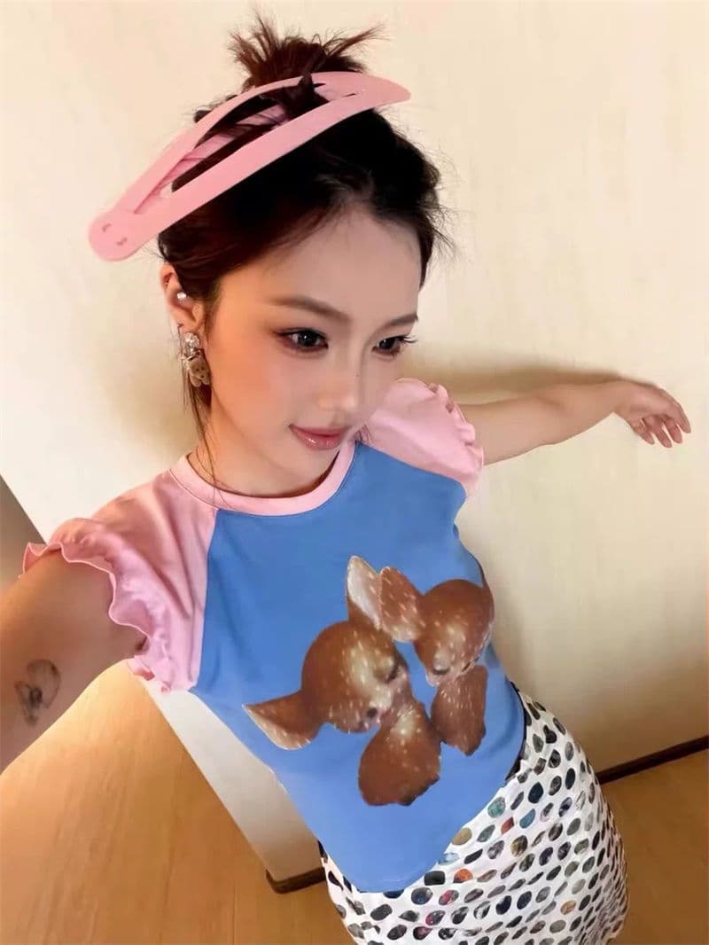 40 순면 리브 210 그램 1 1 레트로 작은 사슴 프린트 꽃밭 소매 쇼트 스타일 티셔츠 여성 상세 이미지 3