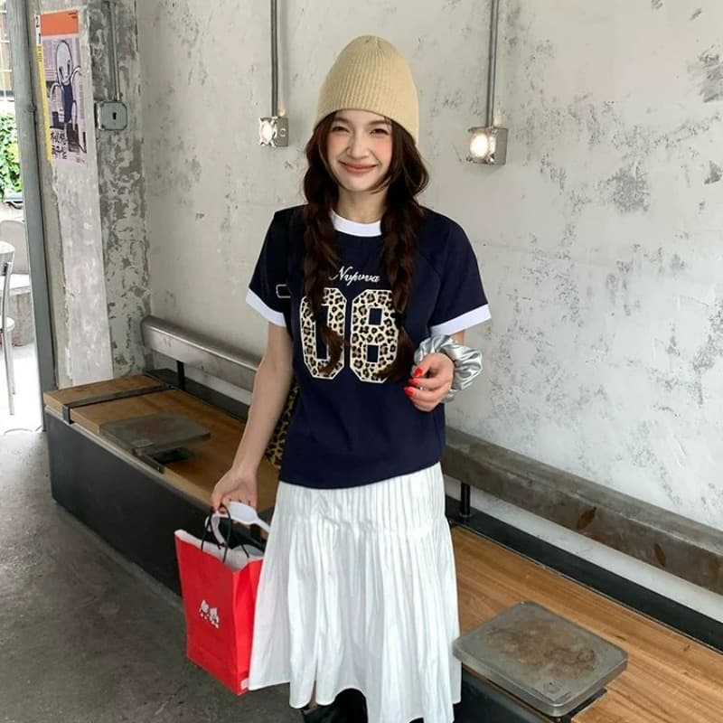 원본 종류 광저우 원단 아메리칸 레트로 레오파드 무늬 프린트 반팔 티셔츠 여성 이미지 5