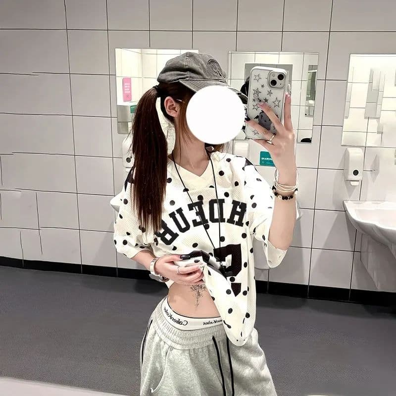 원본 원단 원본 솜씨 리브 네클라인 이후 테두리 프린트 V넥 반팔 여성 상세 이미지 2