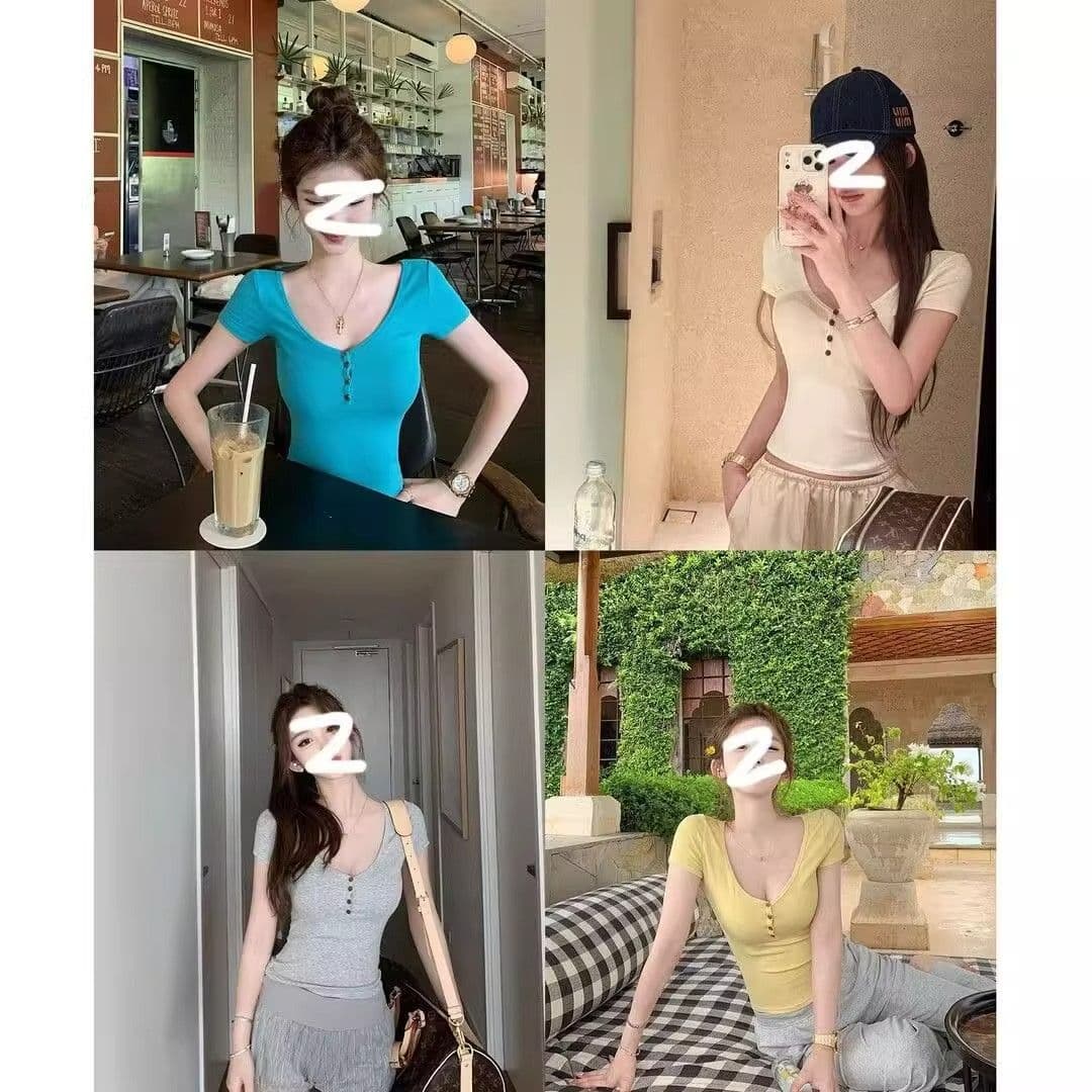 모달 면 순수한 욕망 허리 수축 V넥 단추 반팔 티셔츠 여성 여름 새로운 그레이트 봐. 의류 상세 이미지 1
