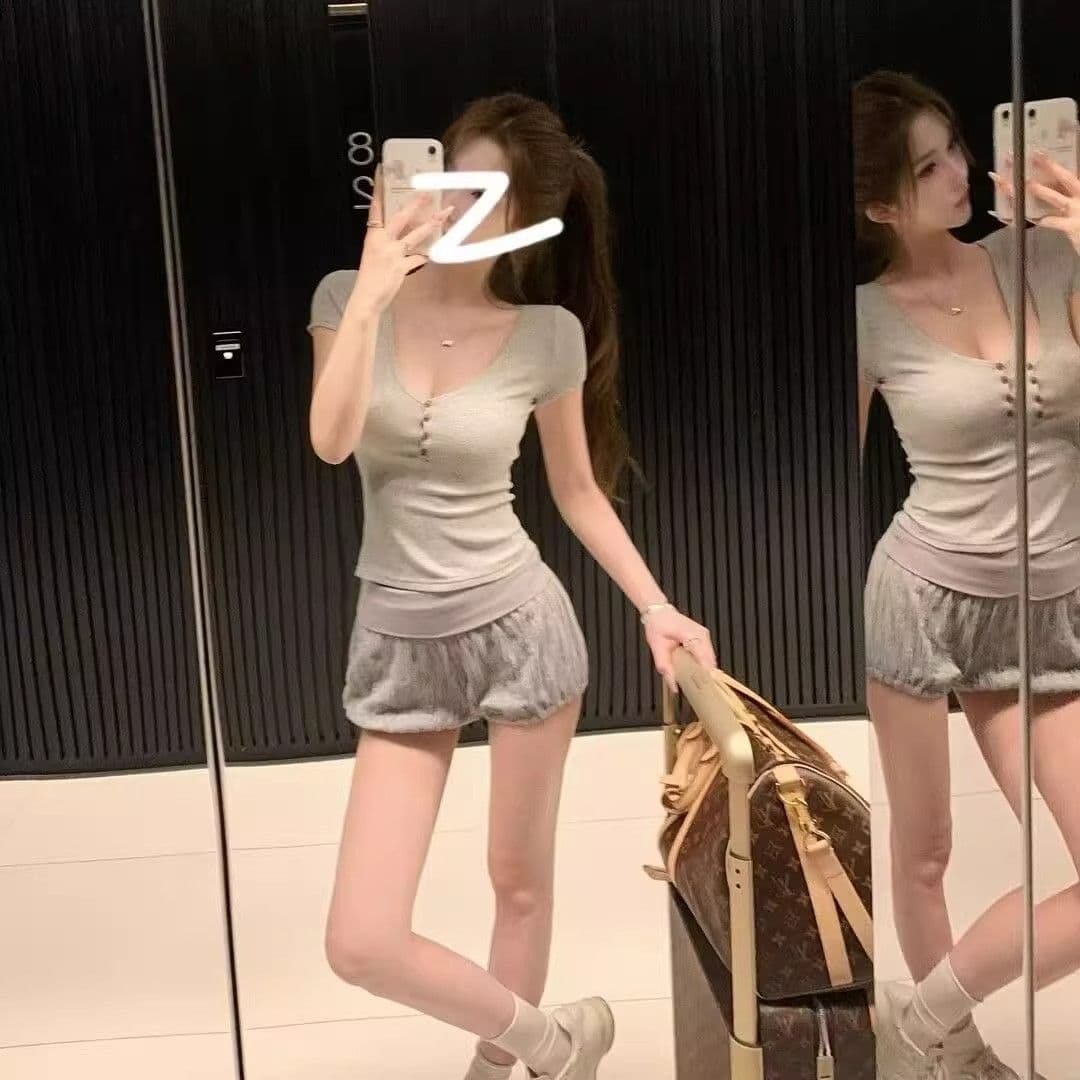 모달 면 순수한 욕망 허리 수축 V넥 단추 반팔 티셔츠 여성 여름 새로운 그레이트 봐. 의류 상세 이미지 3