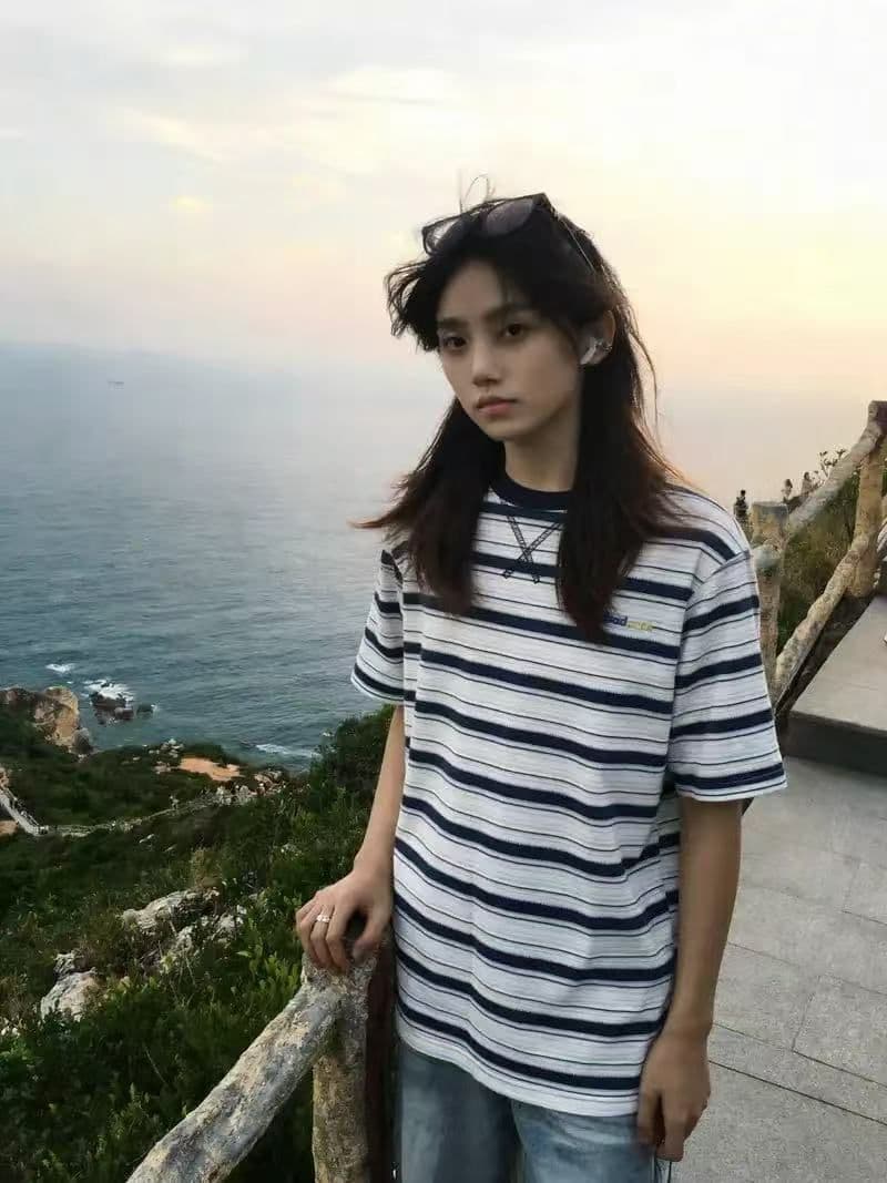220g 순면 이후 테두리 알파벳 자수 스트라이프 반팔 티셔츠 남녀 정가 이미지 2