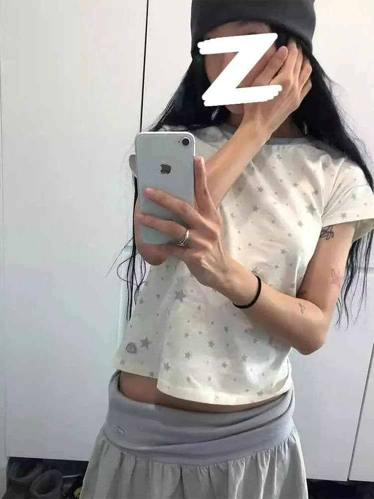 40 220 그램 92 면 8 암모니아 Lun 리브 네클라인 프린트 반팔 몸매 가꾸기 티셔츠 여성 정가