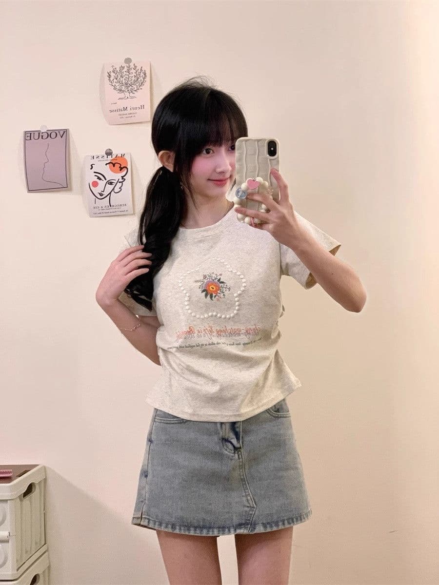 40 순면 리브 95 면 5 암모니아 Lun 반팔 긍정적 인 어깨 티셔츠 여성 여름 포밍 프린트 슬림해 보이는 허리 수축 맨위 상세 이미지 2