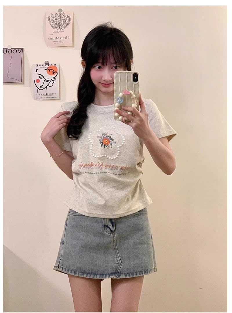 40 순면 리브 95 면 5 암모니아 Lun 반팔 긍정적 인 어깨 티셔츠 여성 여름 포밍 프린트 슬림해 보이는 허리 수축 맨위 상세 이미지 3