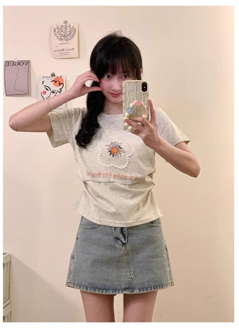 40 순면 리브 95 면 5 암모니아 Lun 반팔 긍정적 인 어깨 티셔츠 여성 여름 포밍 프린트 슬림해 보이는 허리 수축 맨위 상세 이미지 4