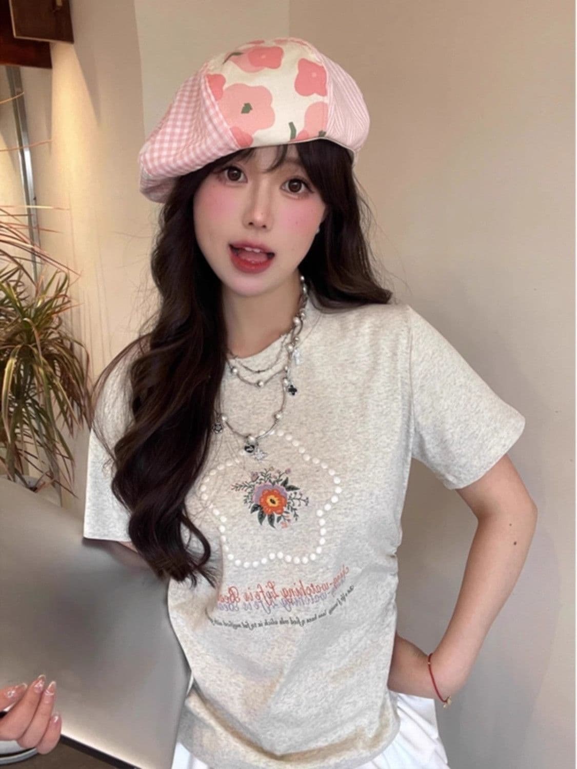 40 순면 리브 95 면 5 암모니아 Lun 반팔 긍정적 인 어깨 티셔츠 여성 여름 포밍 프린트 슬림해 보이는 허리 수축 맨위 상세 이미지 11