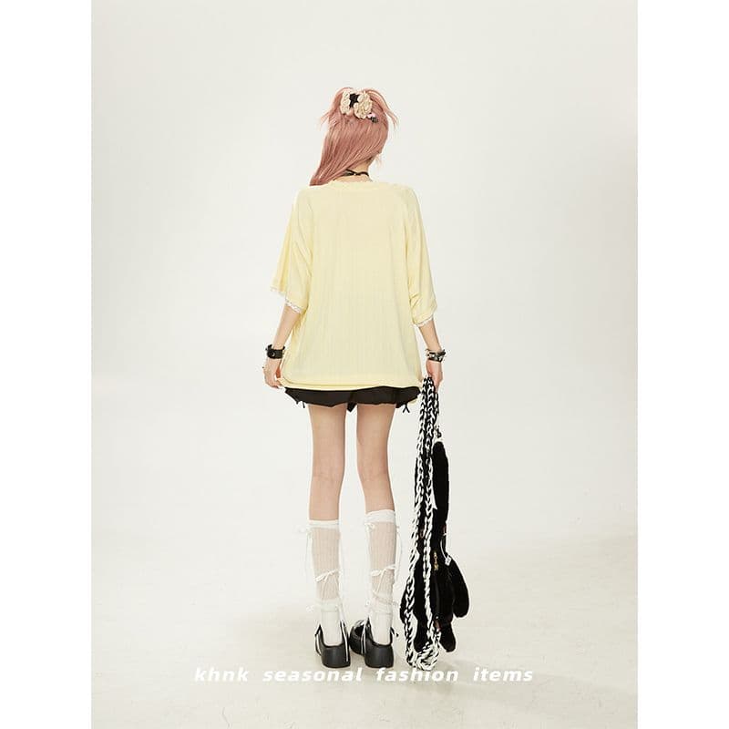 40 모방 면 1 1 빅 사이즈 어린애 같은 아름다운 패치워크 레이스 V넥 반팔 티셔츠 여름 새로운 루즈핏 맨위 이미지 4