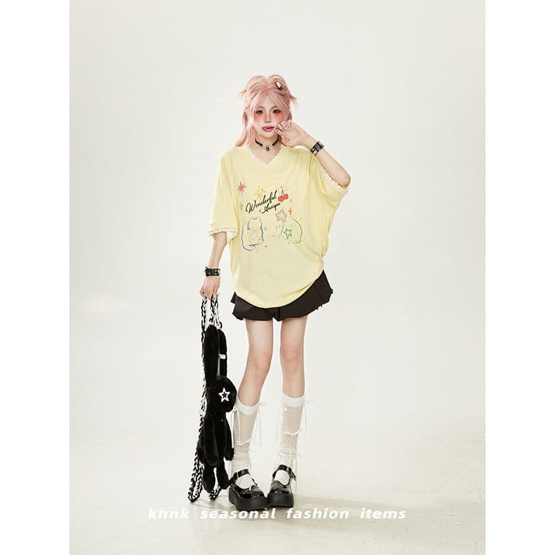 40 모방 면 1 1 빅 사이즈 어린애 같은 아름다운 패치워크 레이스 V넥 반팔 티셔츠 여름 새로운 루즈핏 맨위 이미지 3