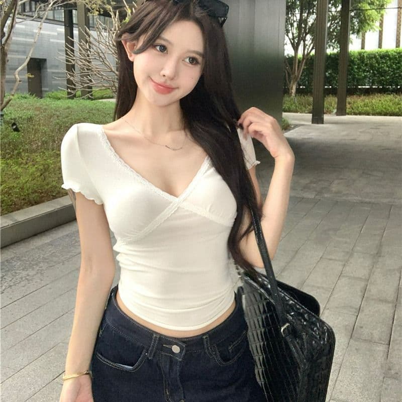 원본 3 색 핫걸 바람 레이스 조각 V넥 반팔 티셔츠 여성 여름 레트로 레오파드 무늬 몸매 가꾸기 맨위 상세 이미지 1