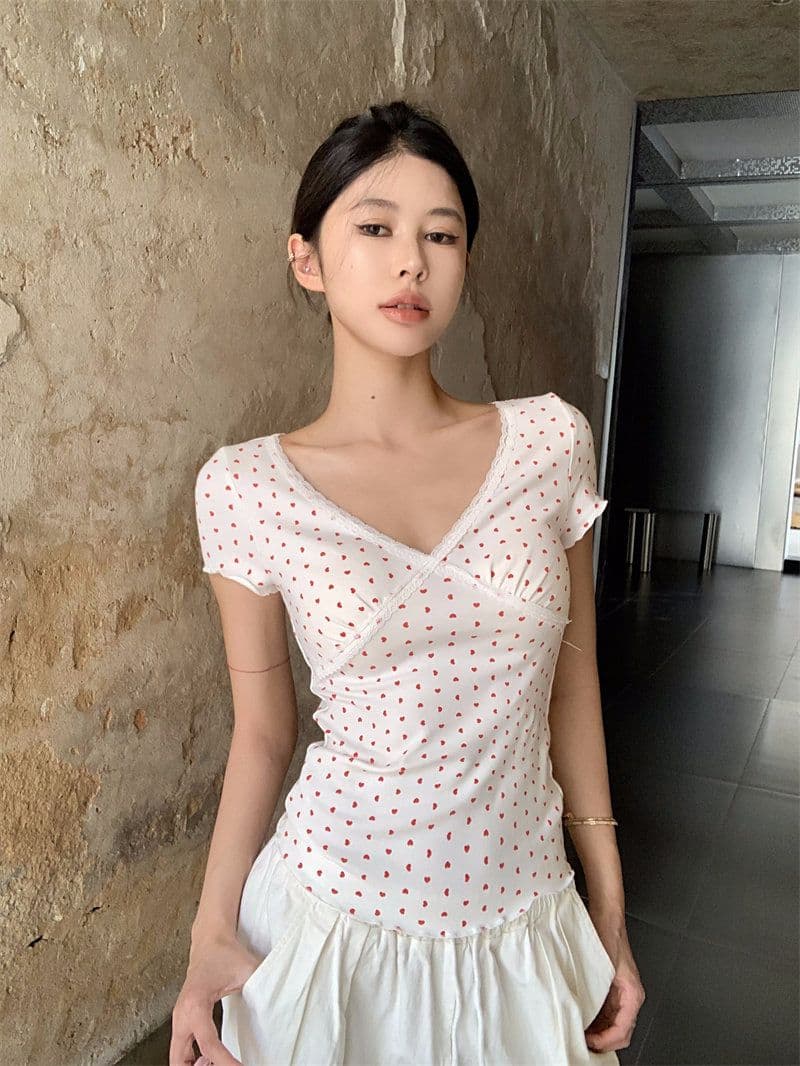원본 3 색 핫걸 바람 레이스 조각 V넥 반팔 티셔츠 여성 여름 레트로 레오파드 무늬 몸매 가꾸기 맨위 상세 이미지 2