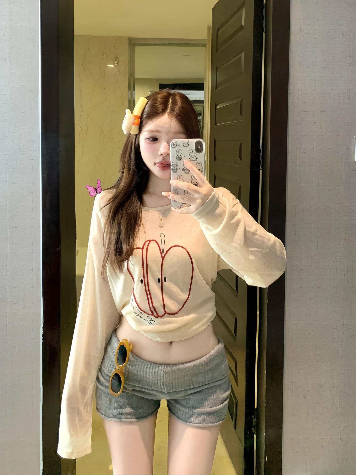 원본 원단 아메리칸 레트로 블라우스 애플 자수 긴팔 티셔츠 여성 루즈핏 자외선 차단 느긋한 바람 맨위 상세 이미지 2