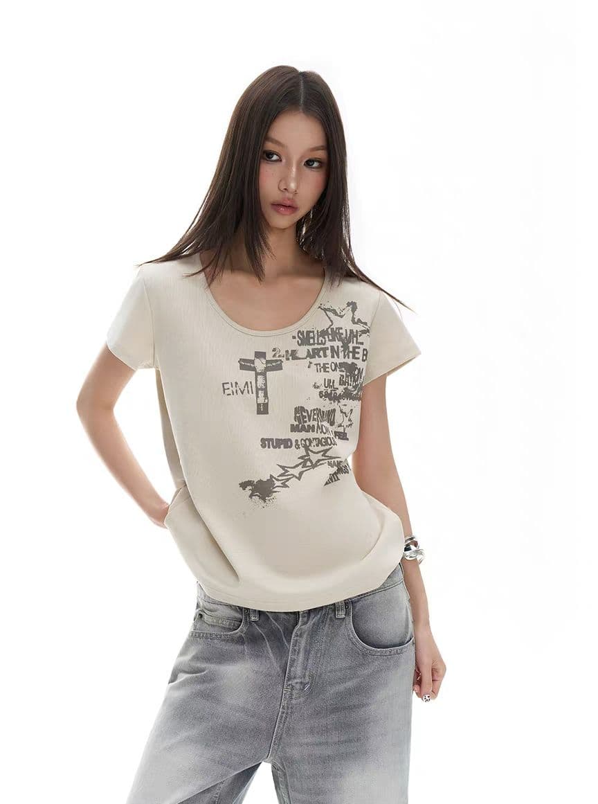 아메리칸 펑크 불규칙 마 오래된 프린트 반팔 티셔츠 여성 여름 새로운 루즈핏 슬림해 보이는 긍정적 인 어깨 의류 상세 이미지 1