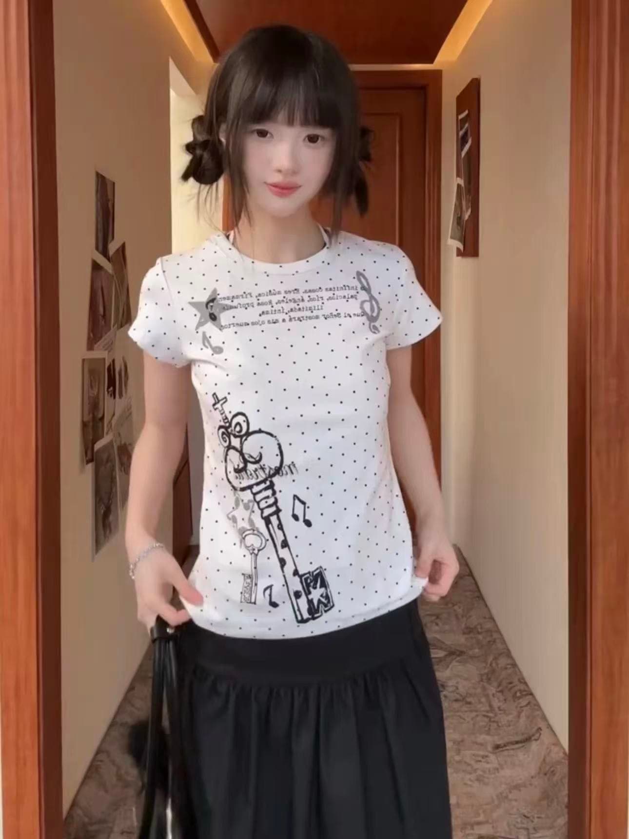 92 면 8 암모니아 Lun 전체 인쇄 도트 무늬 작은 대중 프린트 반팔 티셔츠 여성 여름 새로운 맨위 이미지 2