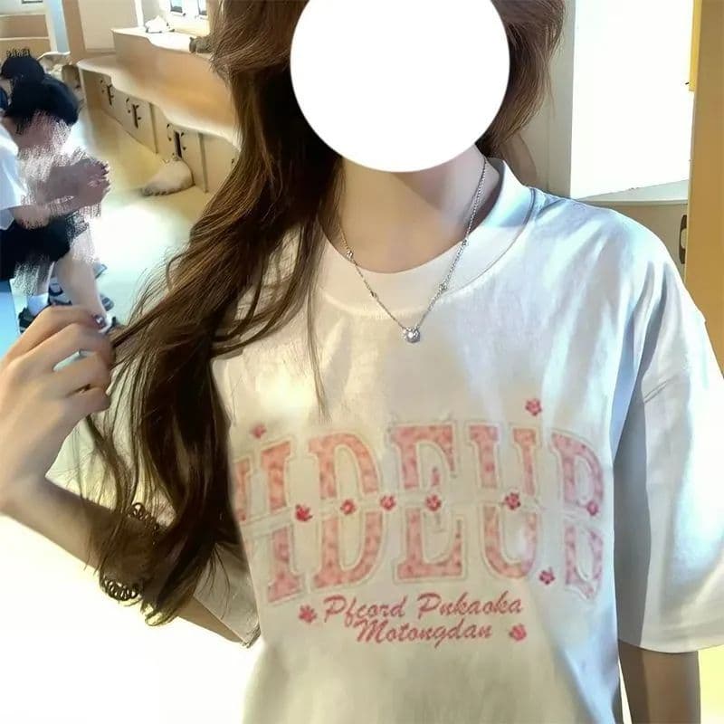 220g 순면 리브 네클라인 이후 패키지 칼라 자수 알파벳 반팔 티셔츠 여성 이미지 2