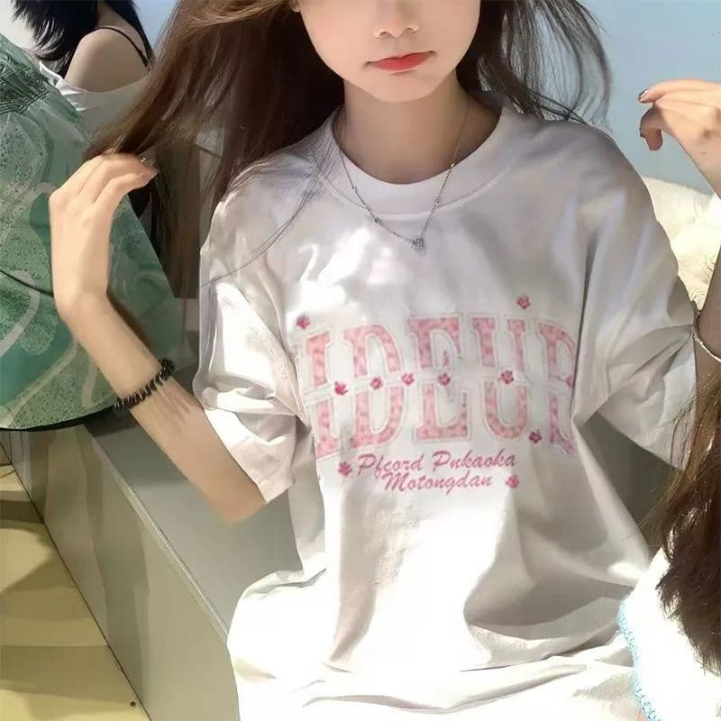 220g 순면 리브 네클라인 이후 패키지 칼라 자수 알파벳 반팔 티셔츠 여성 이미지 5