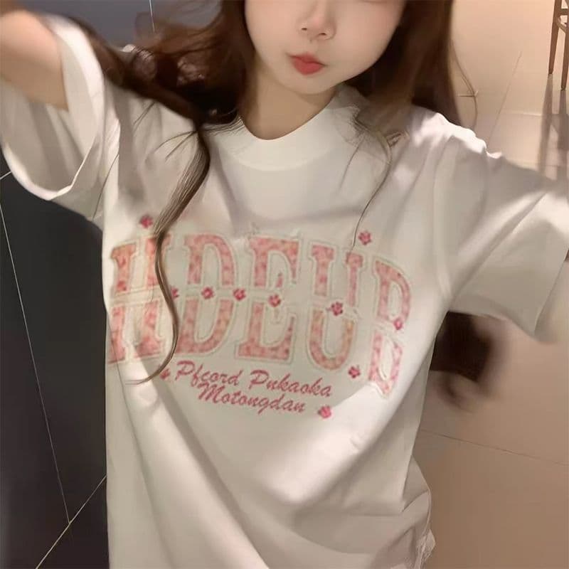 220g 순면 리브 네클라인 이후 패키지 칼라 자수 알파벳 반팔 티셔츠 여성 이미지 4