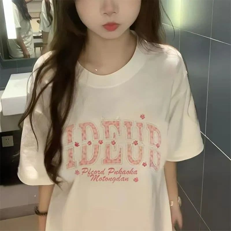 220g 순면 리브 네클라인 이후 패키지 칼라 자수 알파벳 반팔 티셔츠 여성 상세 이미지 4