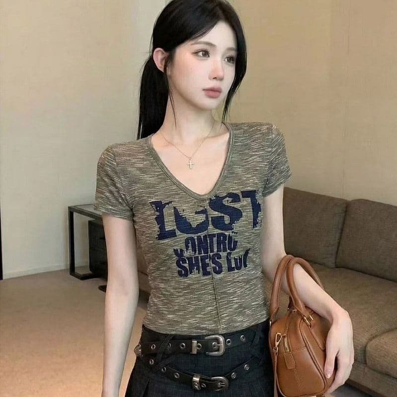 원본 원단 한국 동대문 얇은 스타일 다용도 V넥 반팔 티셔츠 새로운 여성 슬림해 보이는 맨위 상세 이미지 2