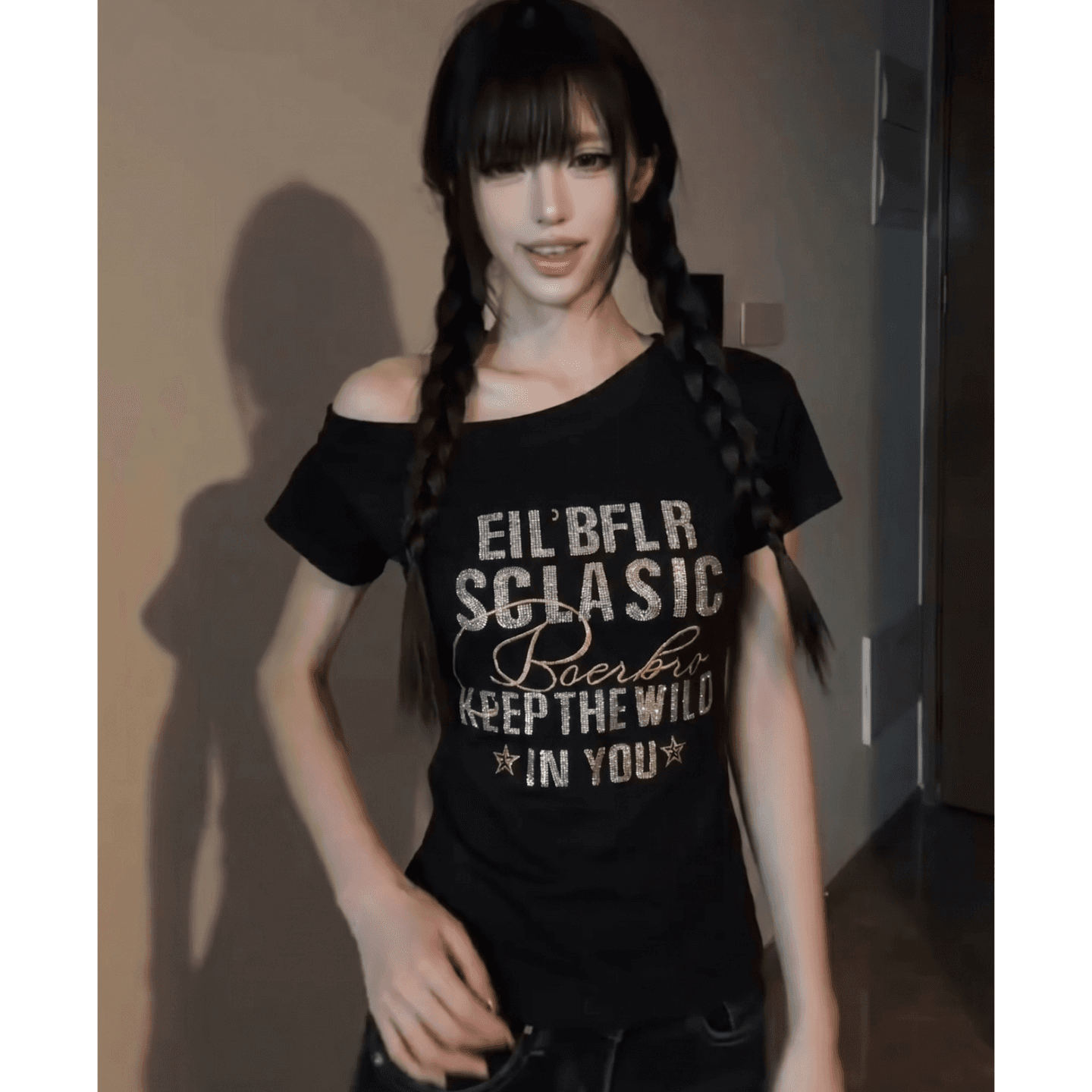 원본 원단 스팽글 무거운 작업 완제품 210 그램 95 면 40s 오스트리아 델 아메리칸 오프숄더 반팔 티셔츠 이미지 3