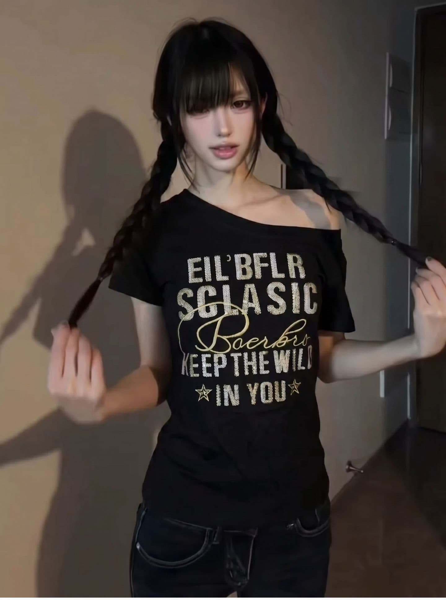 원본 원단 스팽글 무거운 작업 완제품 210 그램 95 면 40s 오스트리아 델 아메리칸 오프숄더 반팔 티셔츠 상세 이미지 4
