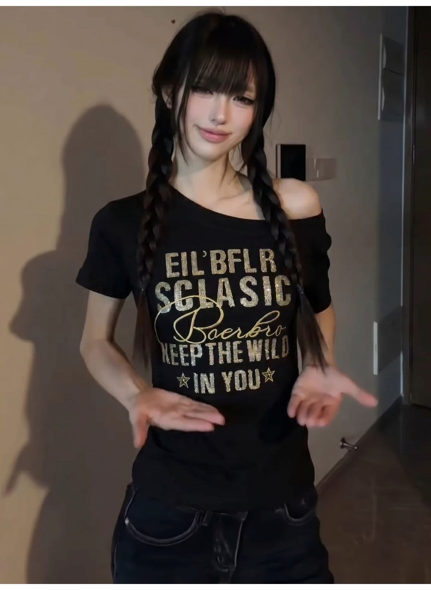 원본 원단 스팽글 무거운 작업 완제품 210 그램 95 면 40s 오스트리아 델 아메리칸 오프숄더 반팔 티셔츠 상세 이미지 5