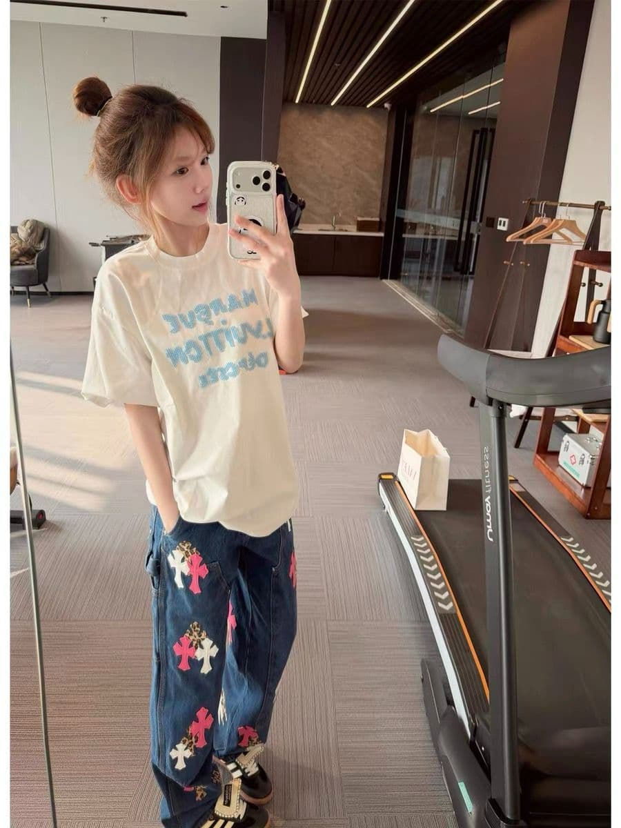 원본 자수 네리 가게 천 순면 220 그램 빗질하다 닫기 반팔 티셔츠 여성 상세 이미지 6