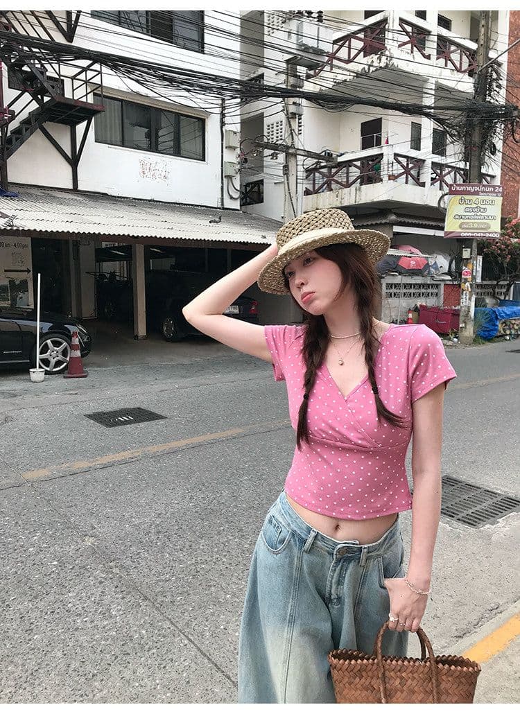 ptonumi 한여름 매화 와인 십자가 빅 브이 넥 도트 무늬 반팔 티셔츠 여성 Z아 어깨 순수한 욕망 맨위 쇼트 스타일 상세 이미지 13