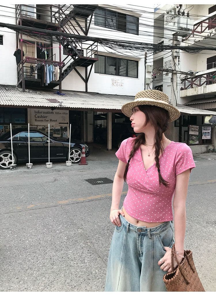 ptonumi 한여름 매화 와인 십자가 빅 브이 넥 도트 무늬 반팔 티셔츠 여성 Z아 어깨 순수한 욕망 맨위 쇼트 스타일 상세 이미지 14