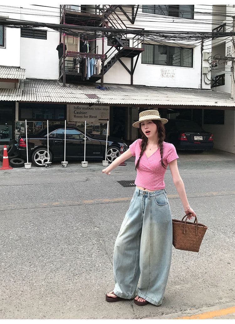 ptonumi 한여름 매화 와인 십자가 빅 브이 넥 도트 무늬 반팔 티셔츠 여성 Z아 어깨 순수한 욕망 맨위 쇼트 스타일 상세 이미지 17