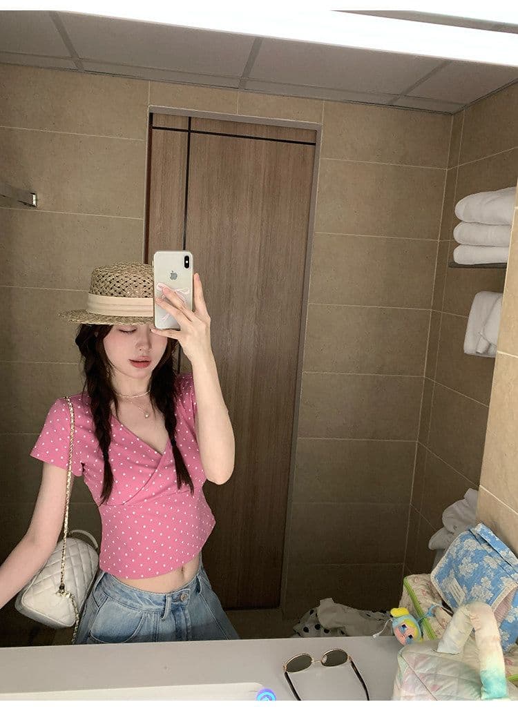 ptonumi 한여름 매화 와인 십자가 빅 브이 넥 도트 무늬 반팔 티셔츠 여성 Z아 어깨 순수한 욕망 맨위 쇼트 스타일 상세 이미지 18