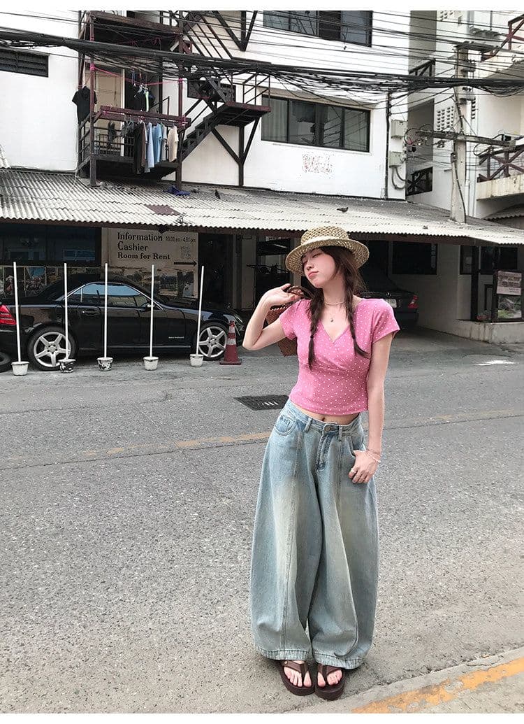 ptonumi 한여름 매화 와인 십자가 빅 브이 넥 도트 무늬 반팔 티셔츠 여성 Z아 어깨 순수한 욕망 맨위 쇼트 스타일 상세 이미지 19