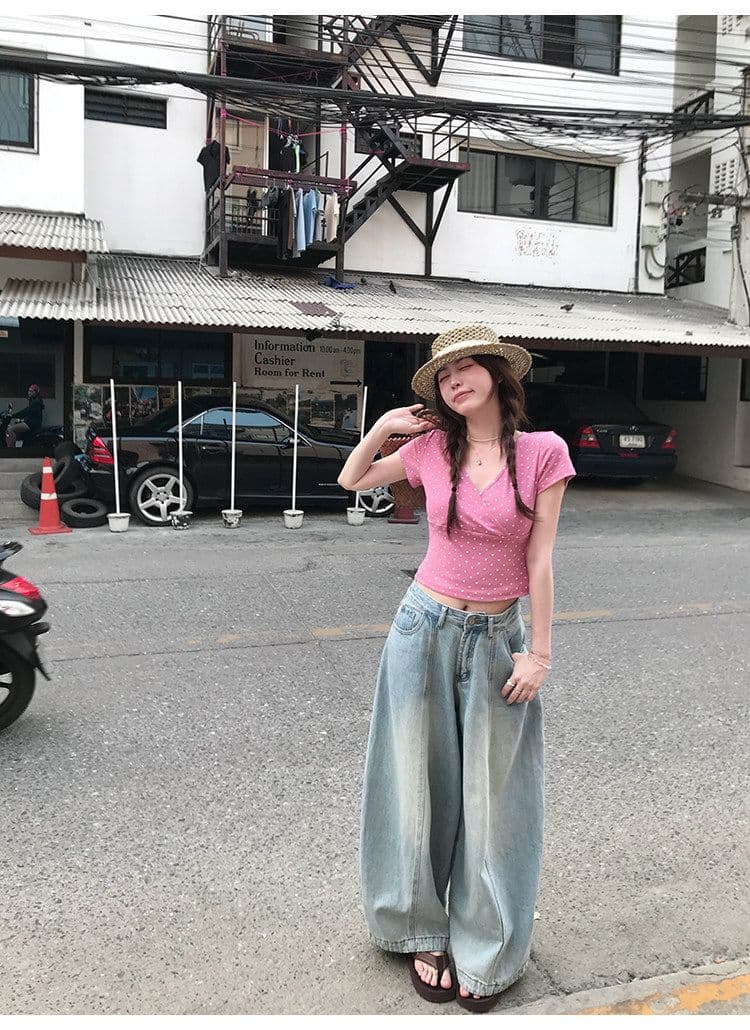 ptonumi 한여름 매화 와인 십자가 빅 브이 넥 도트 무늬 반팔 티셔츠 여성 Z아 어깨 순수한 욕망 맨위 쇼트 스타일 상세 이미지 20