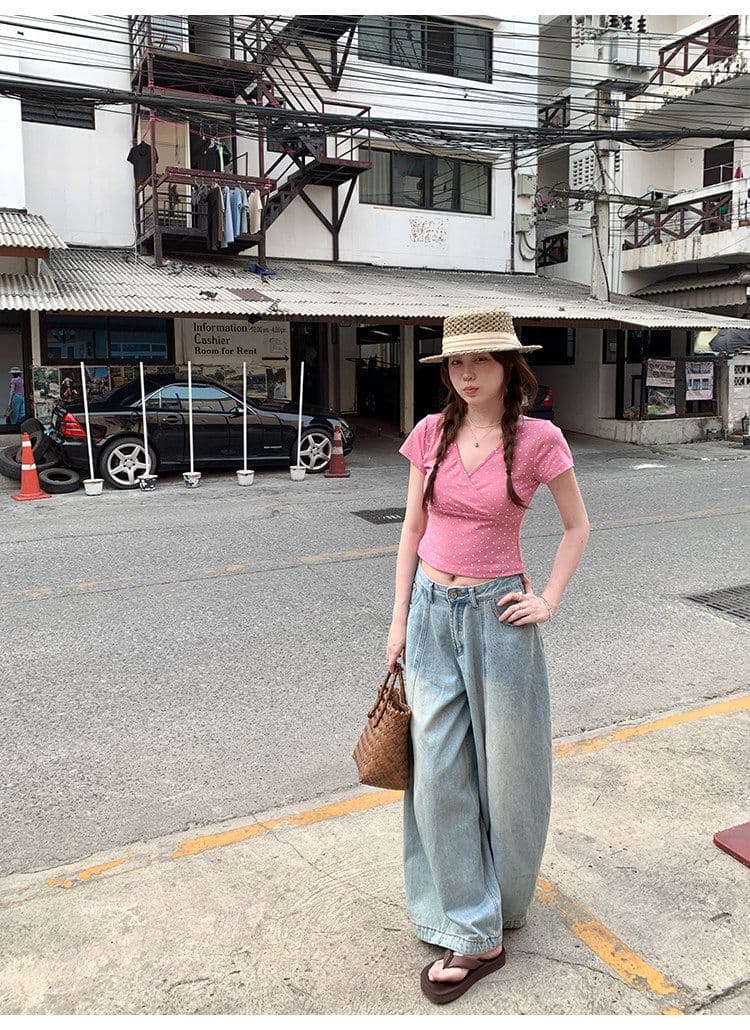 ptonumi 한여름 매화 와인 십자가 빅 브이 넥 도트 무늬 반팔 티셔츠 여성 Z아 어깨 순수한 욕망 맨위 쇼트 스타일 상세 이미지 22