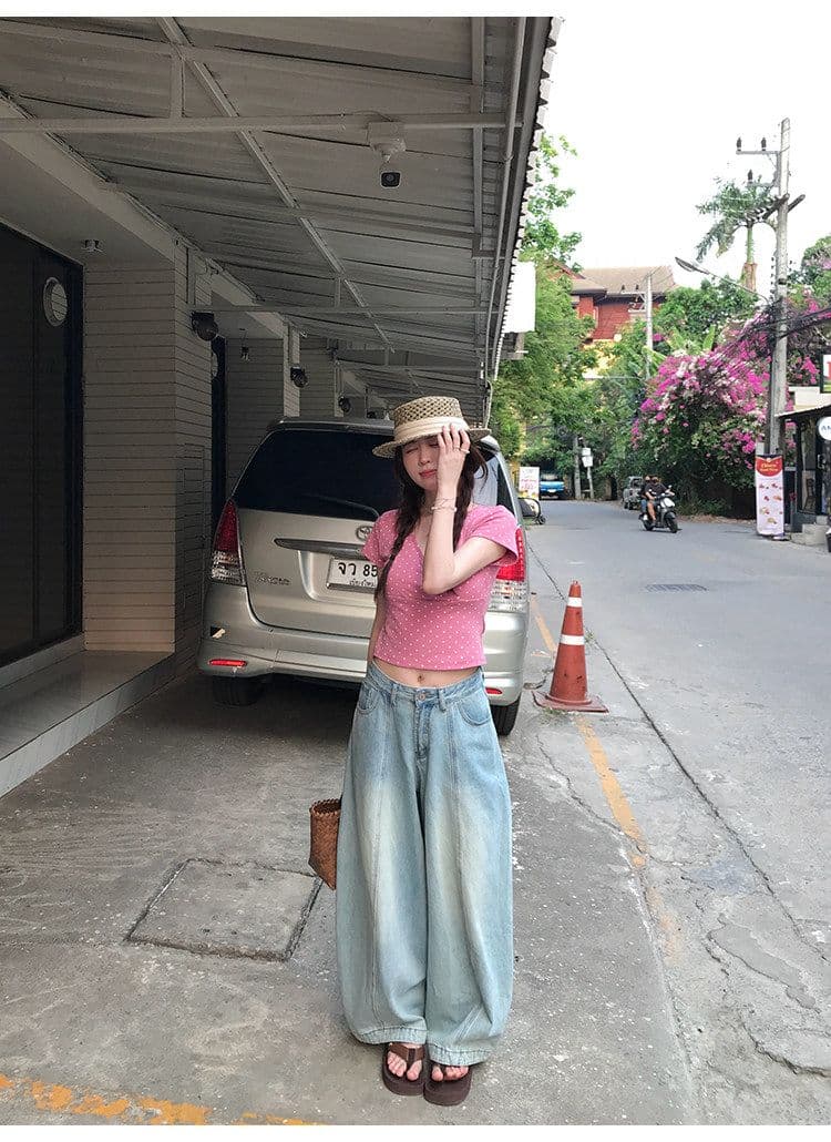 ptonumi 한여름 매화 와인 십자가 빅 브이 넥 도트 무늬 반팔 티셔츠 여성 Z아 어깨 순수한 욕망 맨위 쇼트 스타일 상세 이미지 25