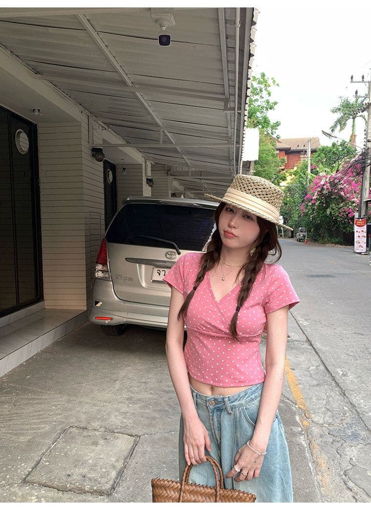 ptonumi 한여름 매화 와인 십자가 빅 브이 넥 도트 무늬 반팔 티셔츠 여성 Z아 어깨 순수한 욕망 맨위 쇼트 스타일 상세 이미지 26