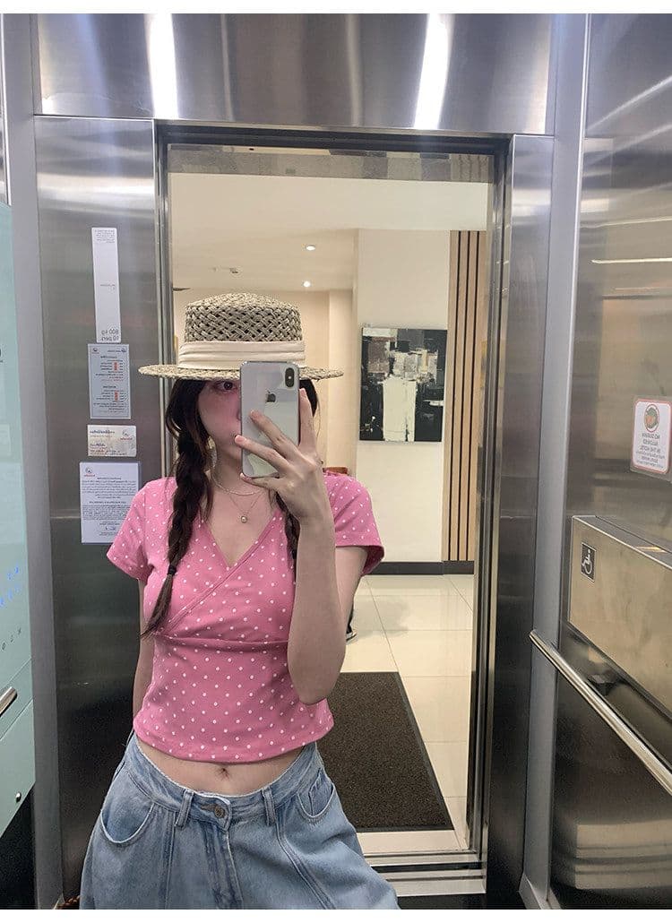 ptonumi 한여름 매화 와인 십자가 빅 브이 넥 도트 무늬 반팔 티셔츠 여성 Z아 어깨 순수한 욕망 맨위 쇼트 스타일 상세 이미지 28