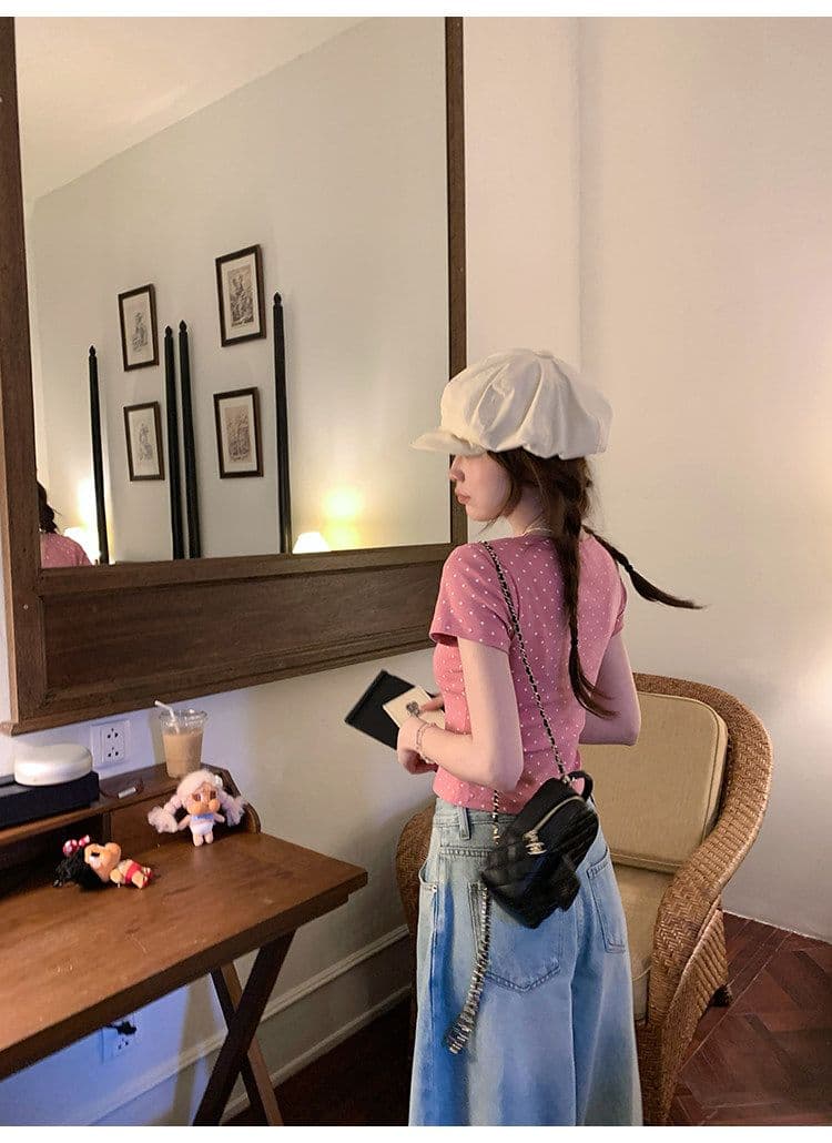 ptonumi 한여름 매화 와인 십자가 빅 브이 넥 도트 무늬 반팔 티셔츠 여성 Z아 어깨 순수한 욕망 맨위 쇼트 스타일 상세 이미지 33