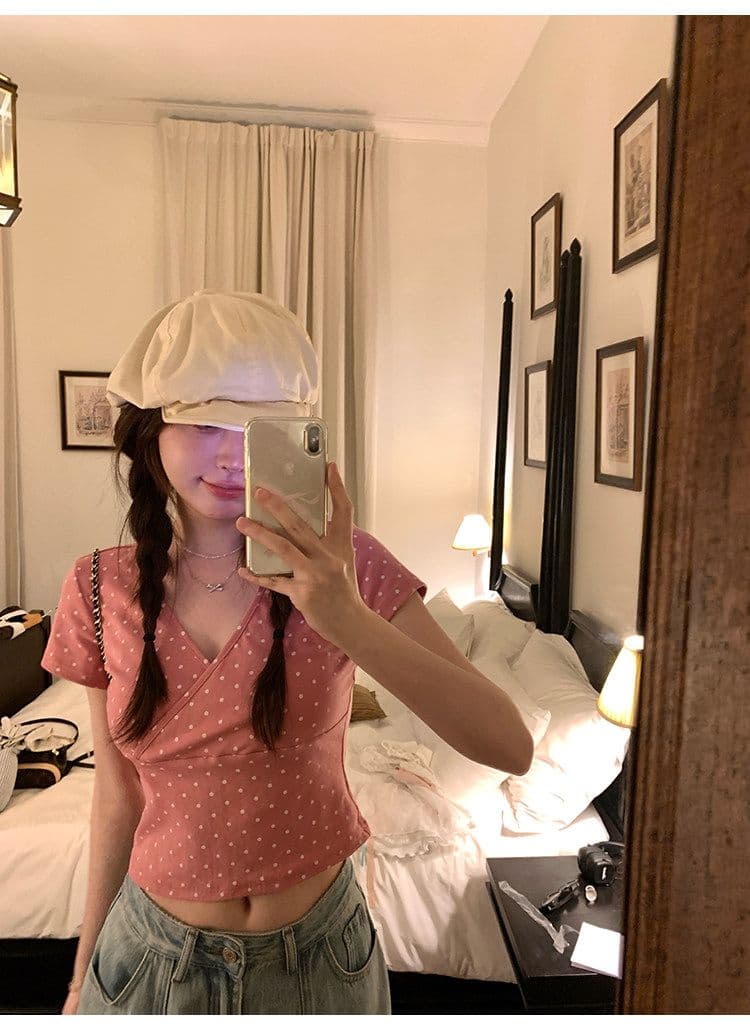 ptonumi 한여름 매화 와인 십자가 빅 브이 넥 도트 무늬 반팔 티셔츠 여성 Z아 어깨 순수한 욕망 맨위 쇼트 스타일 상세 이미지 40