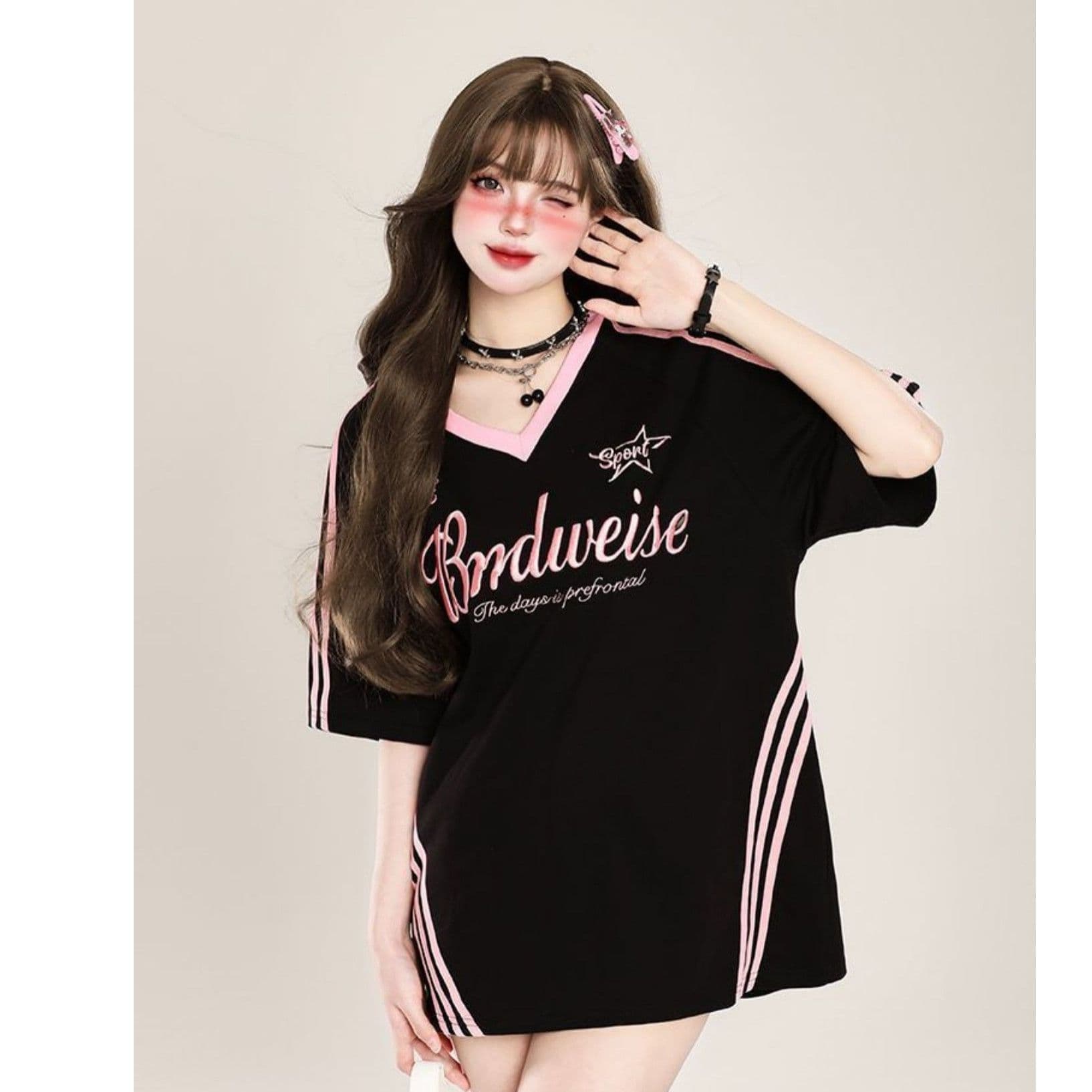 좋은 솜씨 원본 자수 리본 19 지점 220 그램 케이블 루오 Na 네클라인 반팔 티셔츠 여성 이미지 5